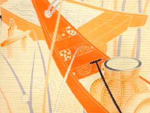 アンティーク　絽　小舟に魚籠模様　刺繍　名古屋帯